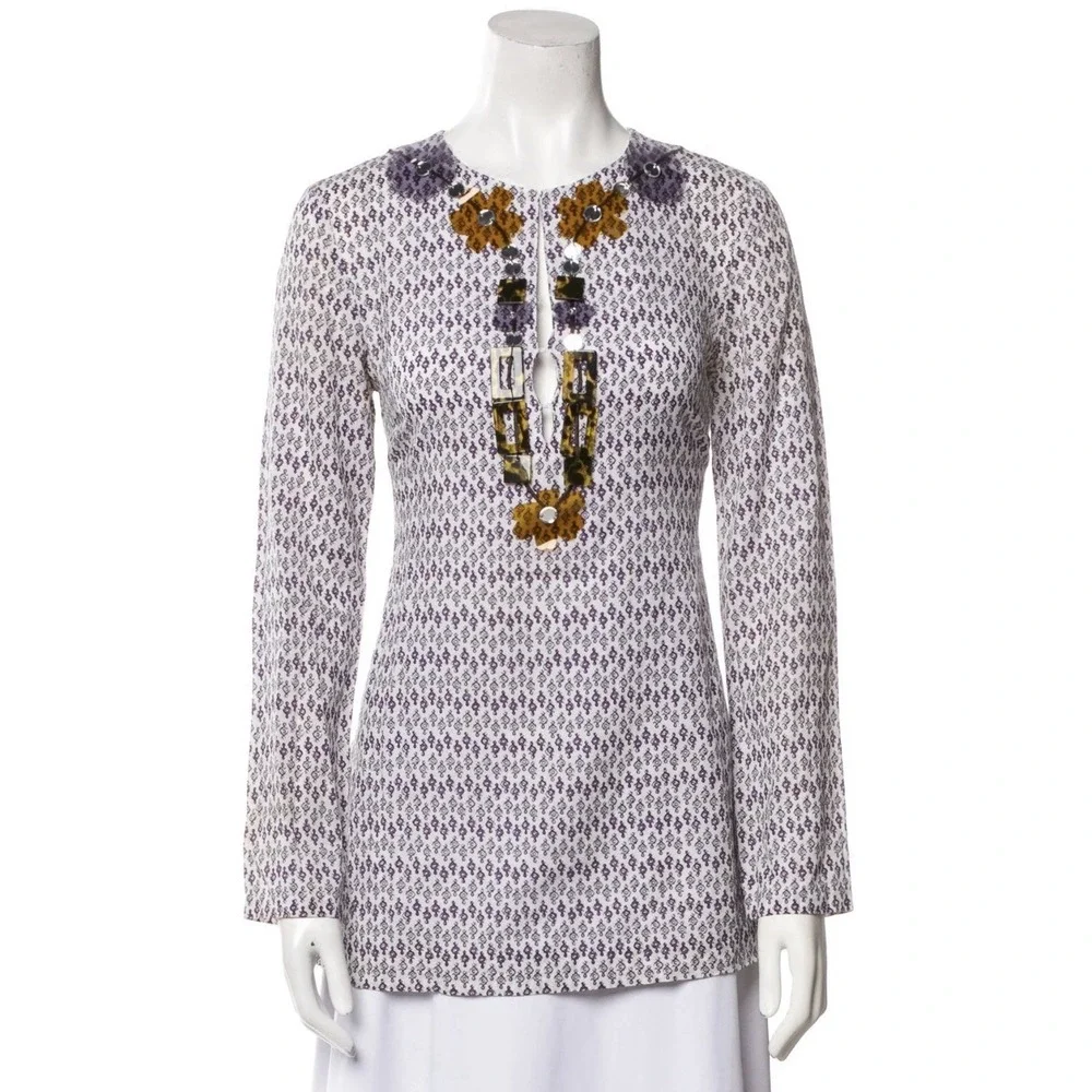 Tory Burch Sz 6 Printed Cotton And‎ Silk V Neck Tunic Top Purple Beaded Neckline